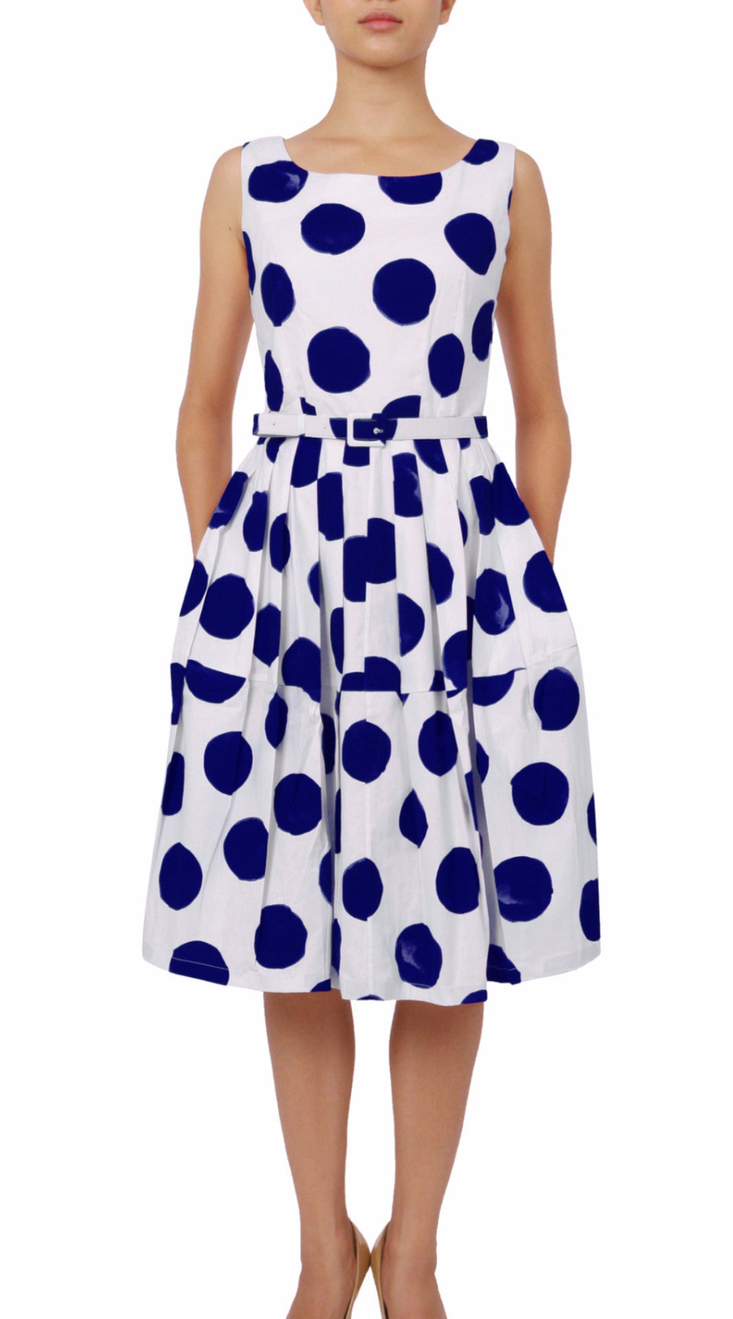 Sleeveless | Tuscani Dots | White Indigo | Front | Dress By Samantha Sung