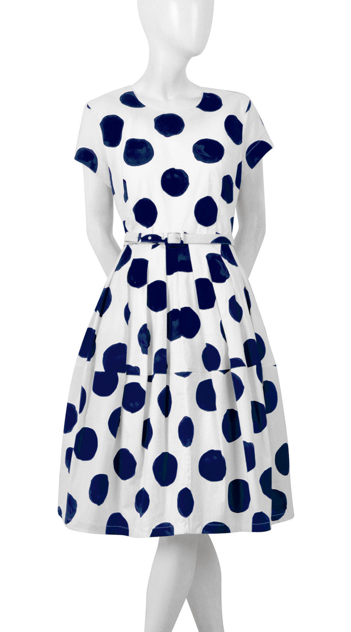 Short Sleeve | Tuscani Dots | White Indigo | Front | Dress By Samantha Sung