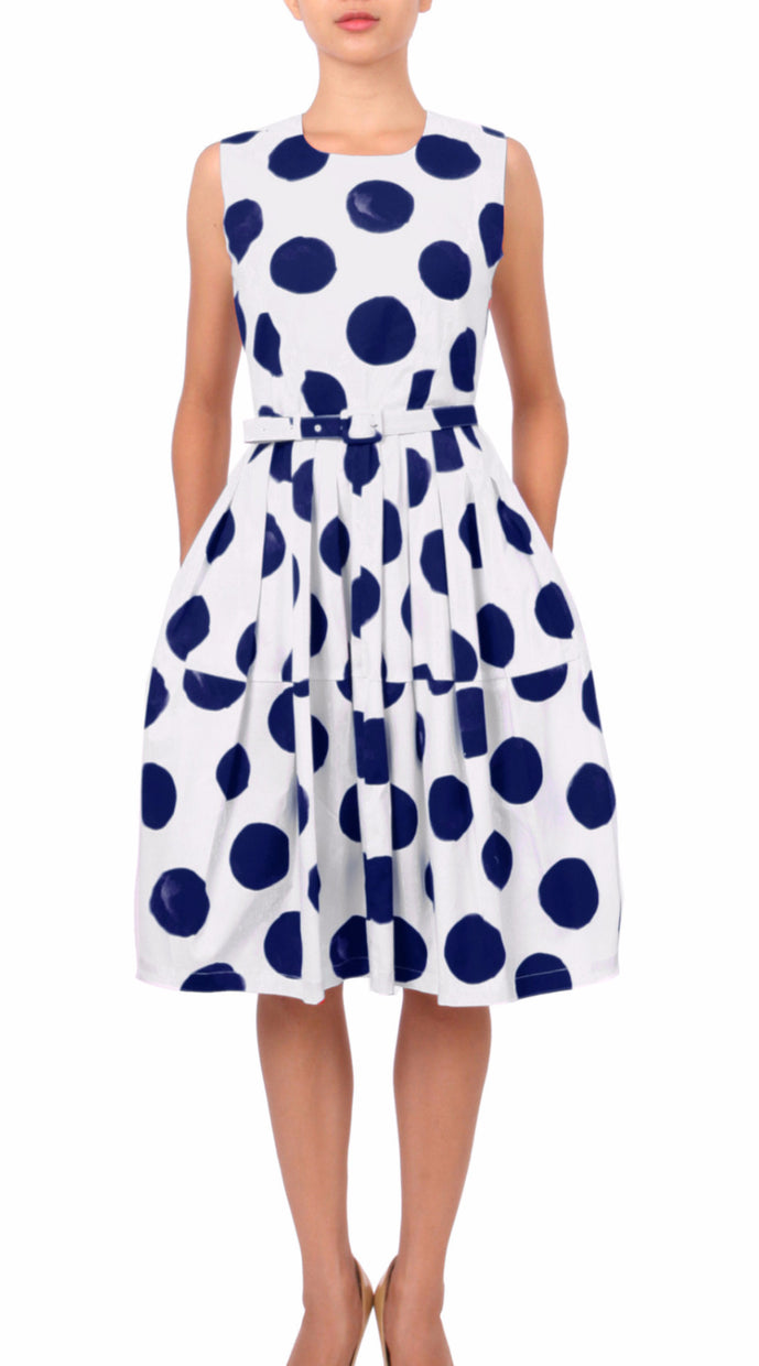 Sleeveless | Tuscani Dots | White Indigo | Front | Dress By Samantha Sung