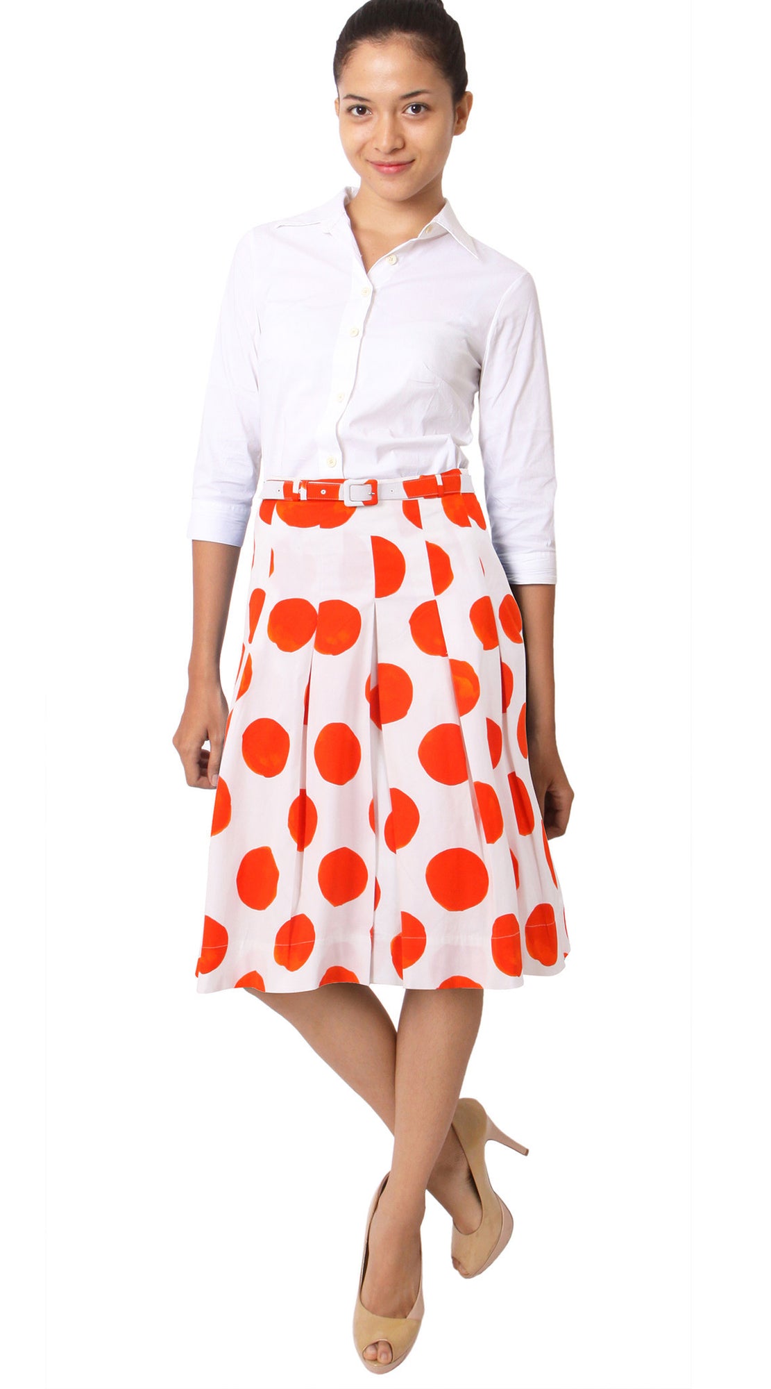 Midi | Tuscani Dots | White Orange | Front | Skirt By Samantha Sung