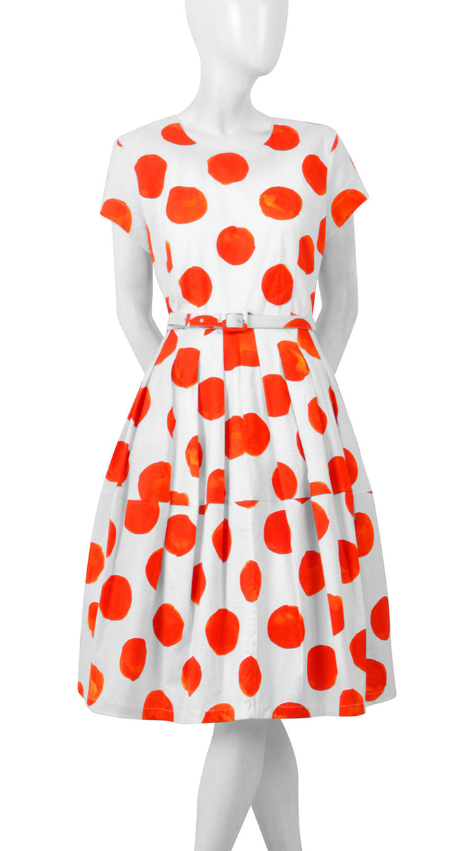 Short Sleeve | Tuscani Dots | White Orange | Front | Dress By Samantha Sung