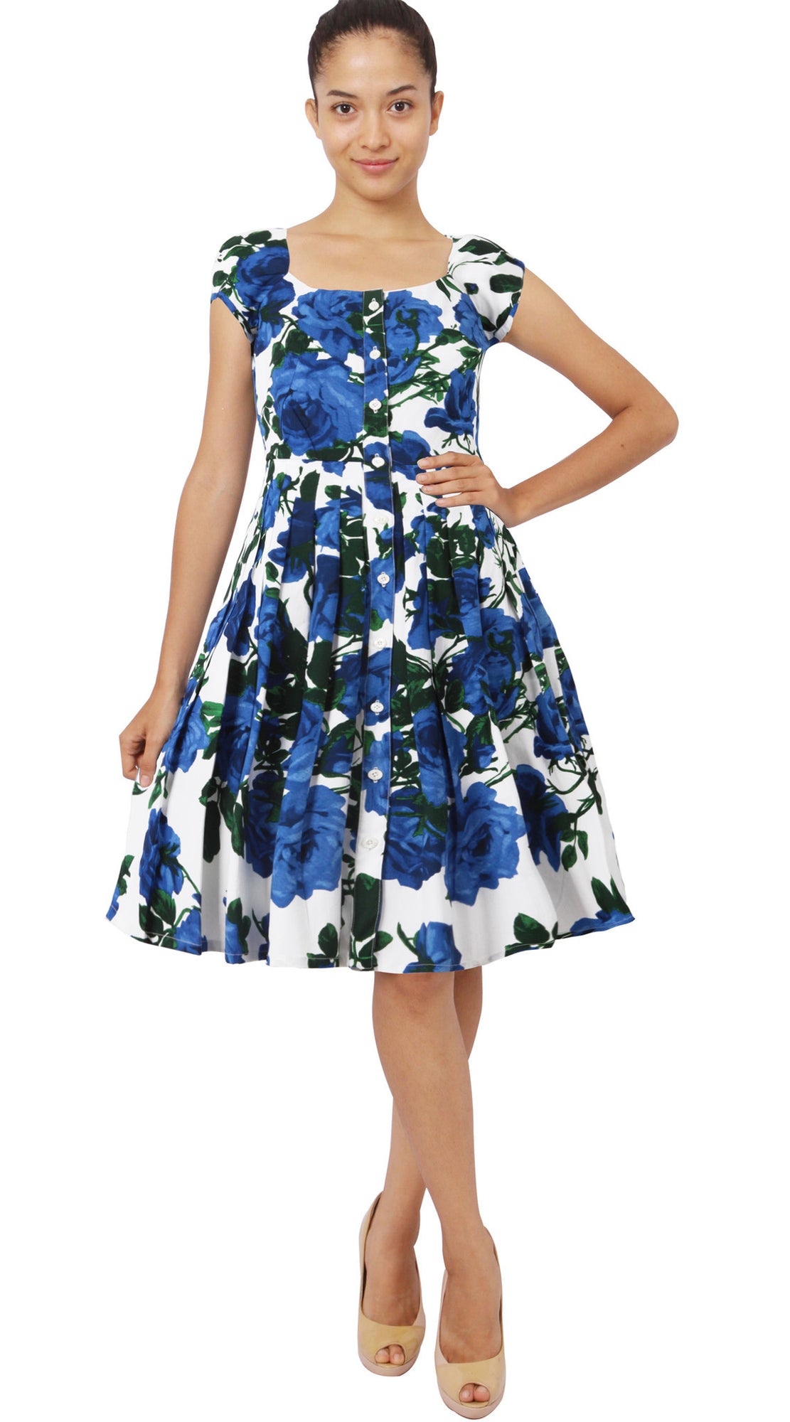 Cap Sleeve | Valentine Rose Bright | White Cobalt Blue | Front-1 | Dress By Samantha Sung