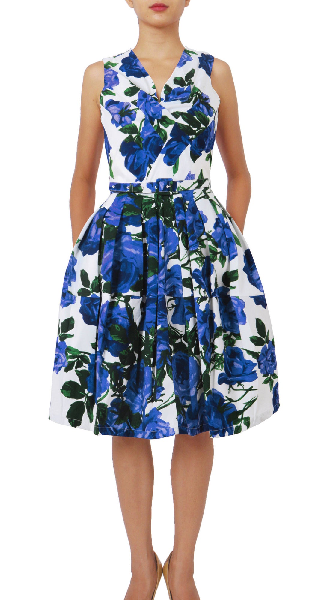 Sleeveless | Valentine Rose Bright | White Cobalt Blue | Front | Dress By Samantha Sung