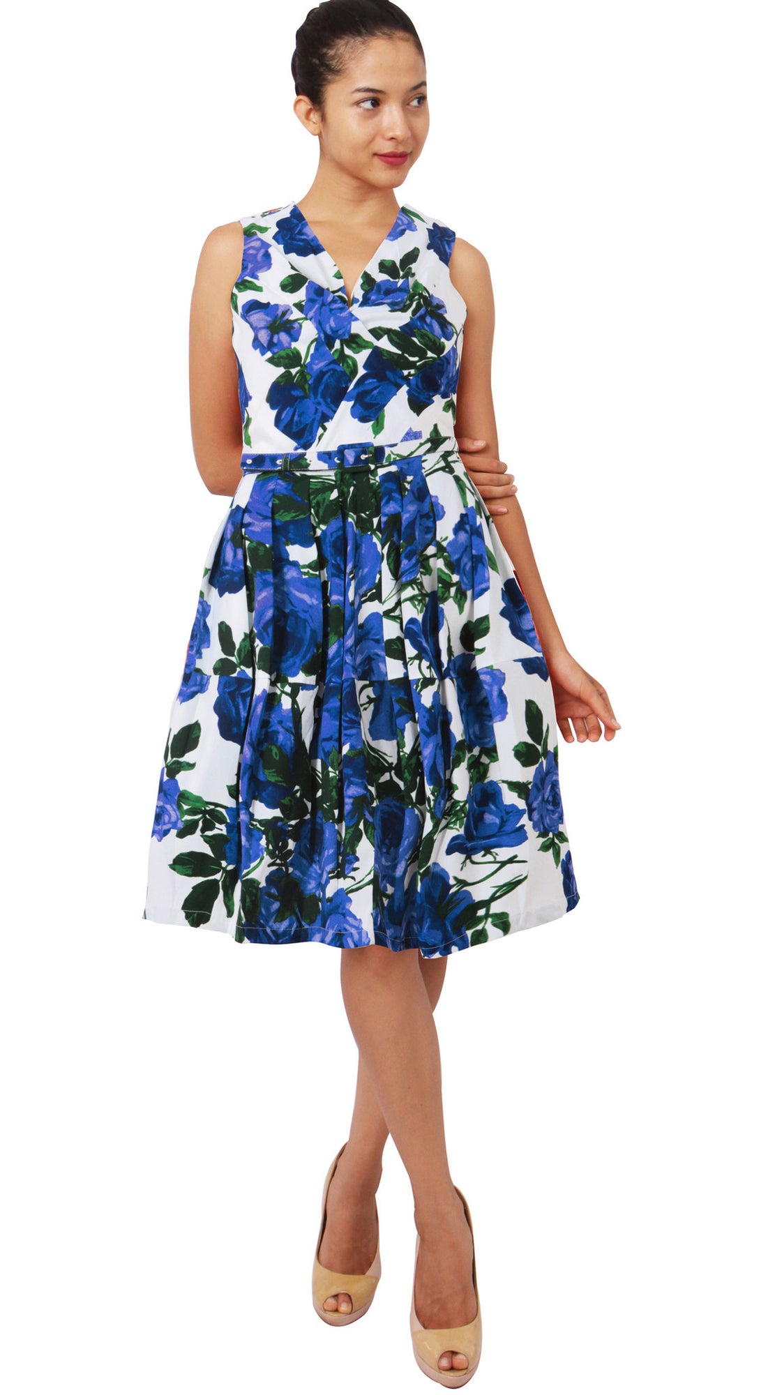 Sleeveless | Valentine Rose Bright | White Cobalt Blue | Front-1 | Dress By Samantha Sung