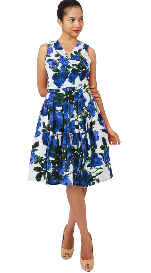 Sleeveless | Valentine Rose Bright | White Cobalt Blue | Front-1 | Dress By Samantha Sung