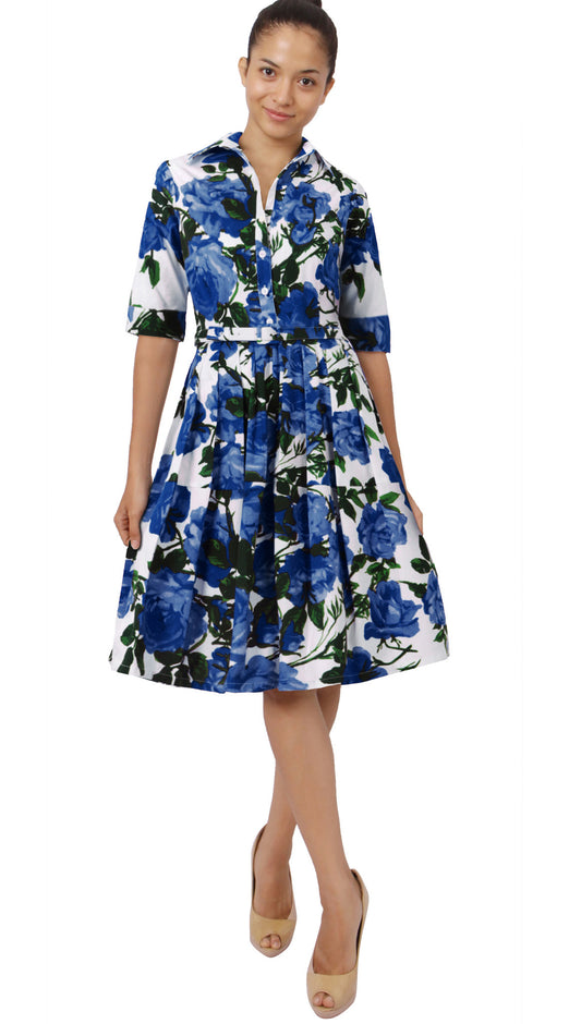 1/2 Sleeve | Valentine Rose Bright | White Cobalt Blue | Front-1 | Shirt Dress By Samantha Sung