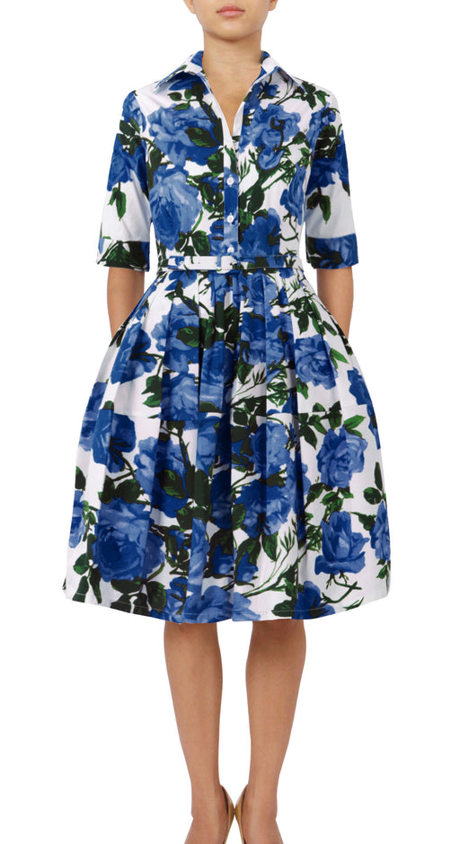 1/2 Sleeve | Valentine Rose Bright | White Cobalt Blue | Front-1 | Shirt Dress By Samantha Sung