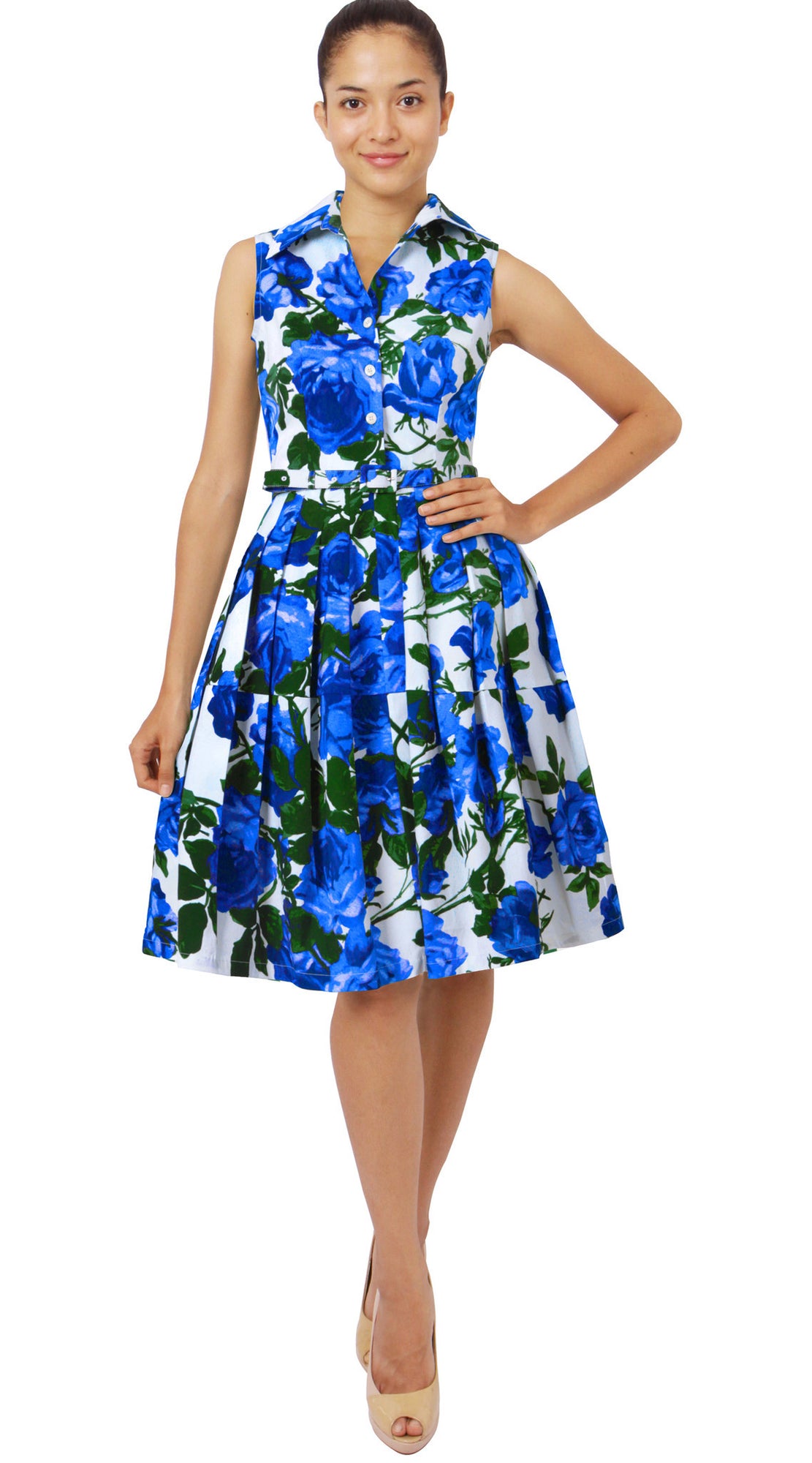 Sleeveless | Valentine Rose Bright | White Cobalt Blue | Front-1 | Shirt Dress By Samantha Sung