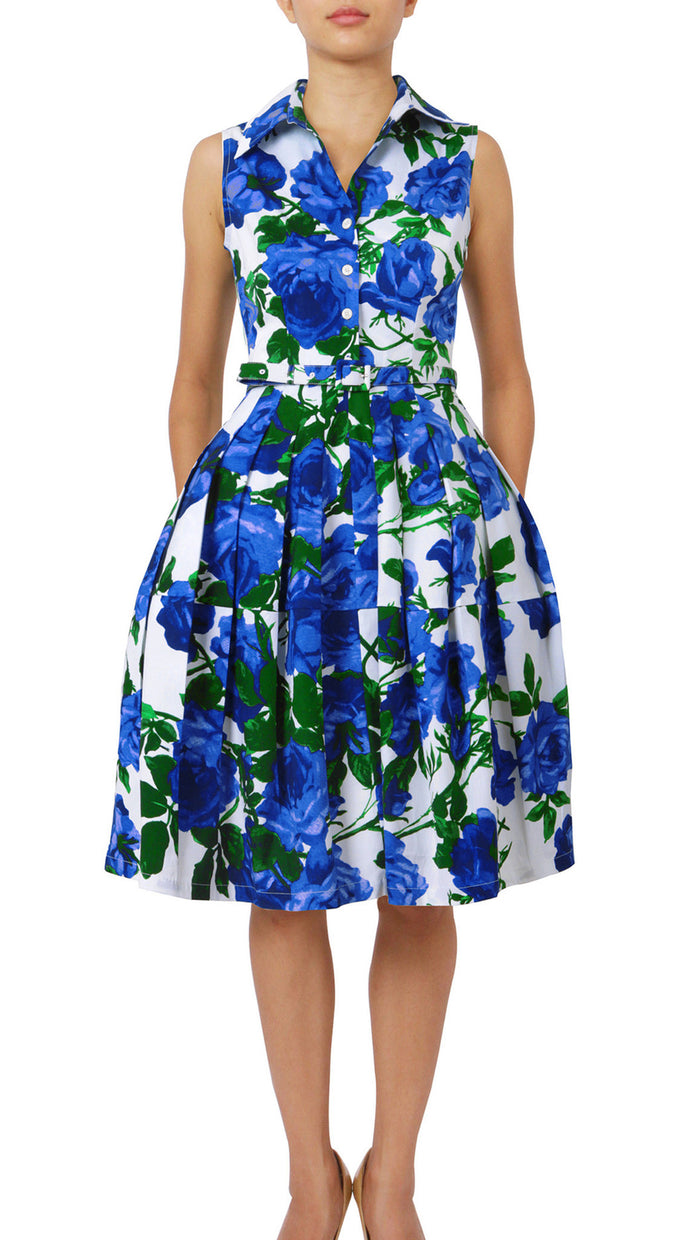 Sleeveless | Valentine Rose Bright | White Cobalt Blue | Front | Shirt Dress By Samantha Sung