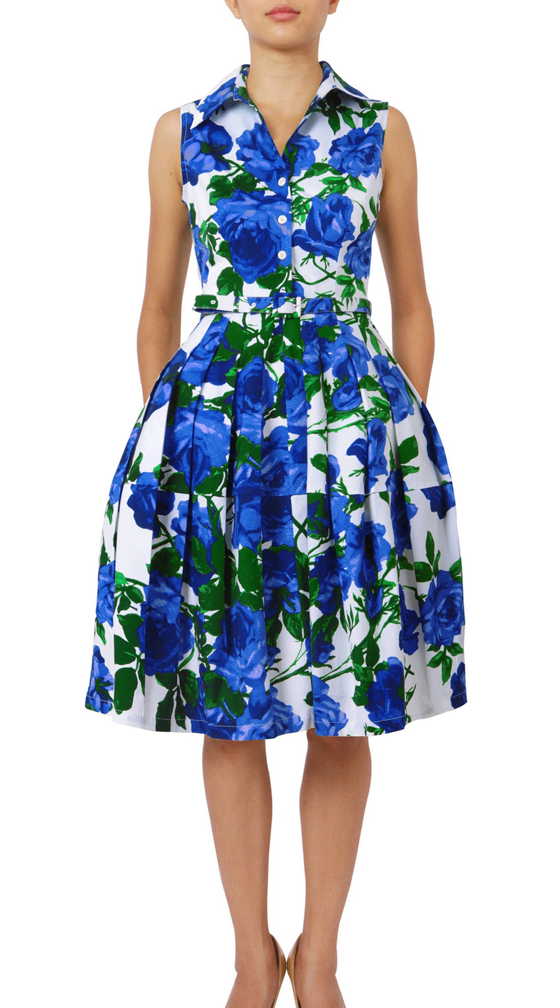 Sleeveless | Valentine Rose Bright | White Cobalt Blue | Front | Shirt Dress By Samantha Sung