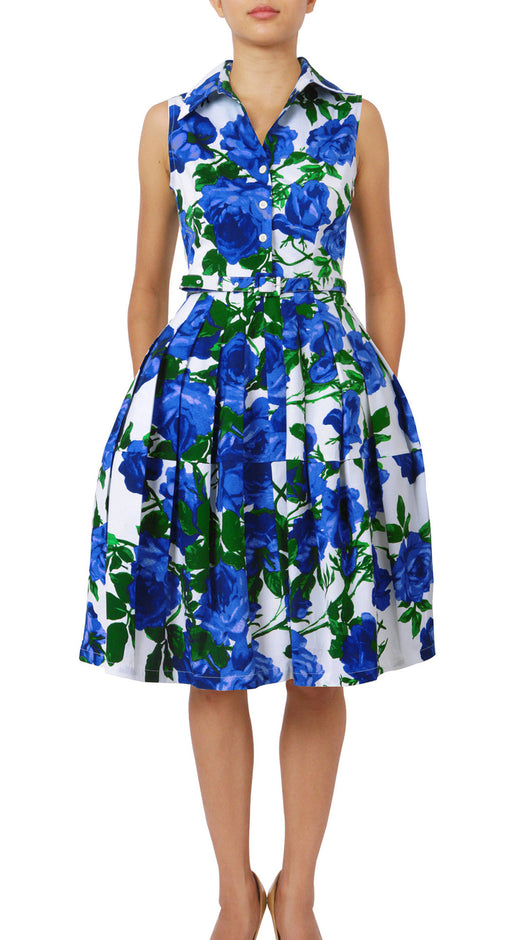 Sleeveless | Valentine Rose Bright | White Cobalt Blue | Front-1 | Shirt Dress By Samantha Sung