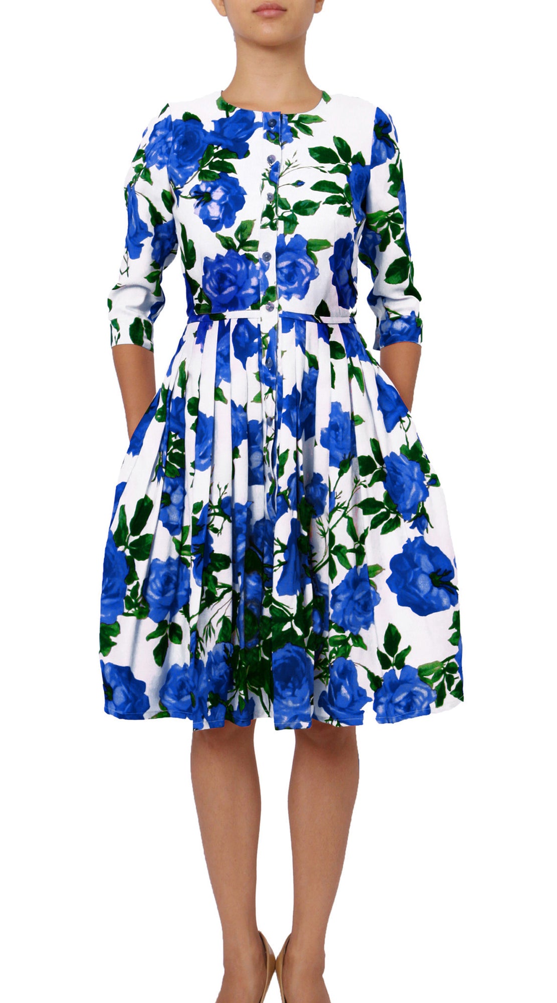 3/4 Sleeve | Valentine Rose Bright | White Cobalt Blue | Front | Dress By Samantha Sung