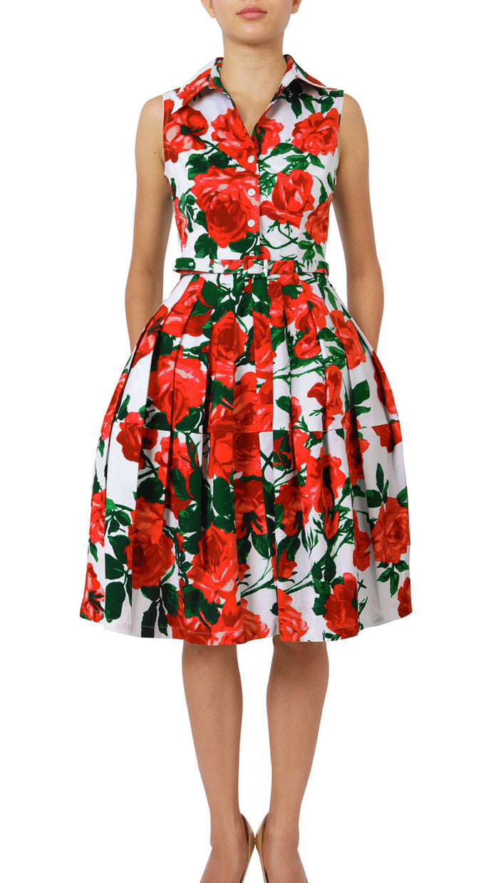 Sleeveless | Valentine Rose Bright | White Indian Red | Front | Shirt Dress By Samantha Sung
