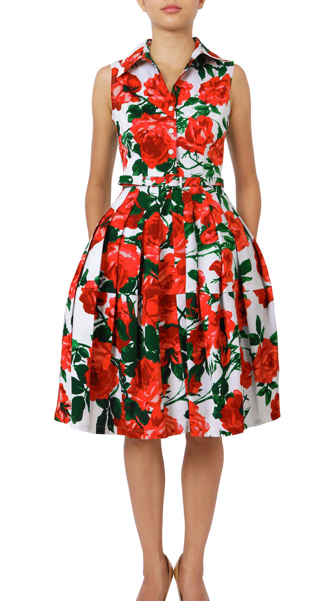 Sleeveless | Valentine Rose Bright | White Indian Red | Front | Shirt Dress By Samantha Sung