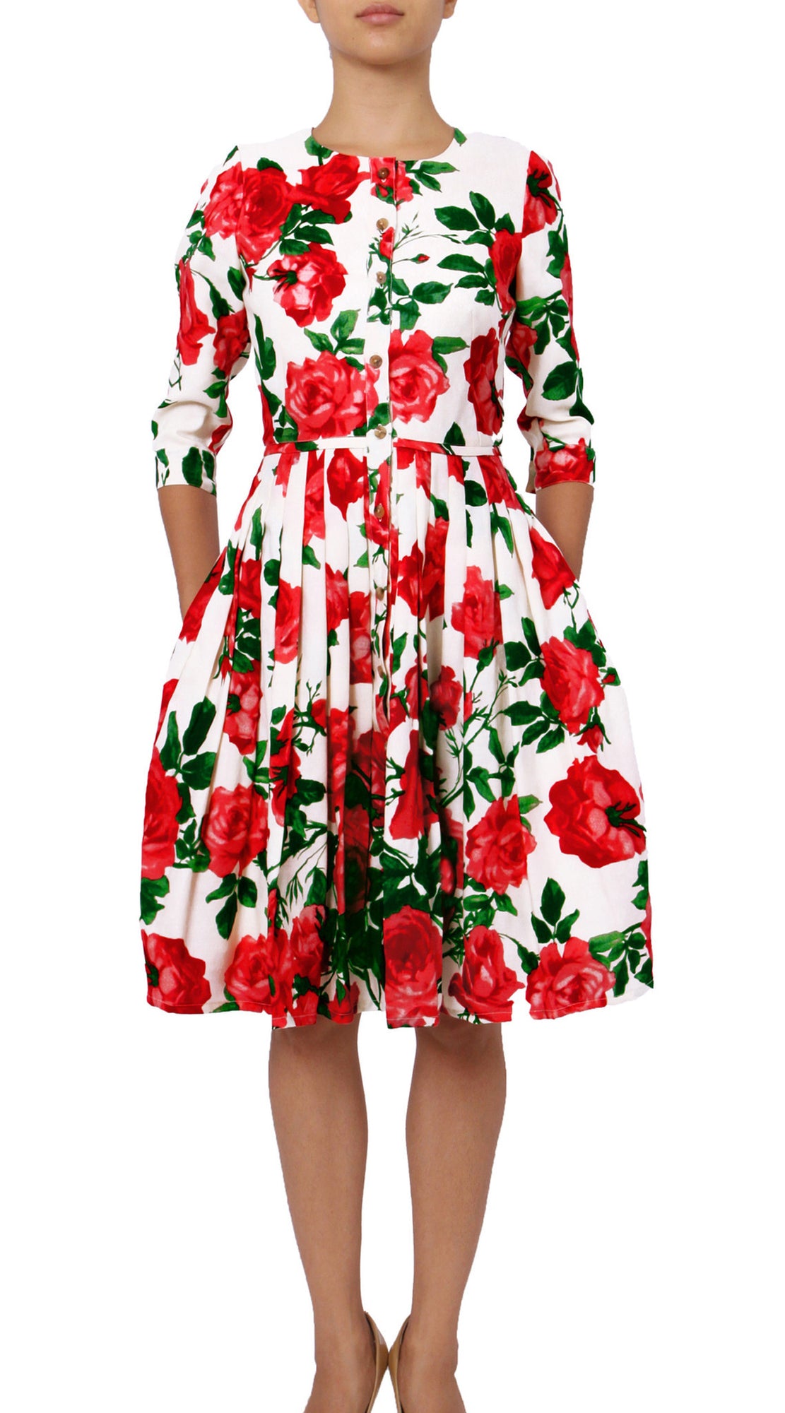 3/4 Sleeve | Valentine Rose Bright | White Indian Red | Front | Dress By Samantha Sung