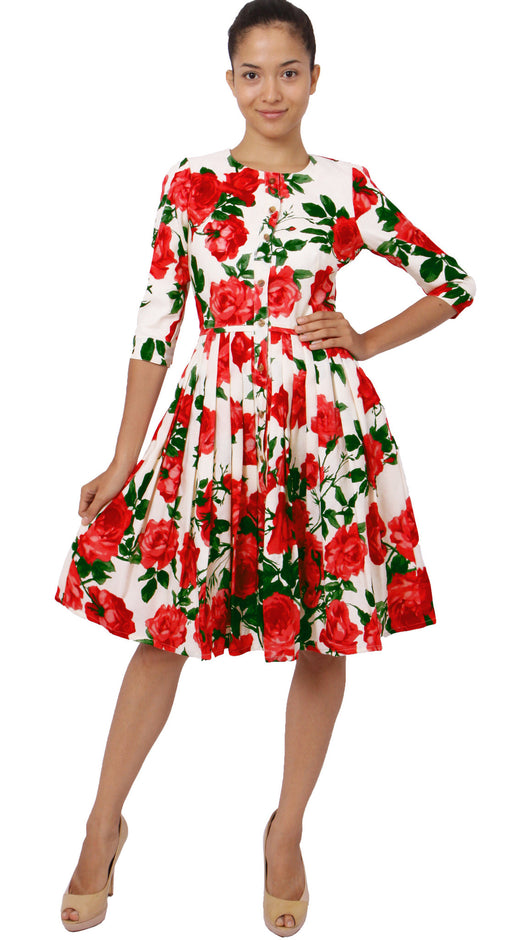 3/4 Sleeve | Valentine Rose Bright | White Indian Red | Front-1 | Dress By Samantha Sung