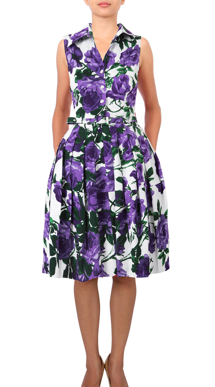 Sleeveless | Valentine Rose Bright | White Lilac | Front | Shirt Dress By Samantha Sung