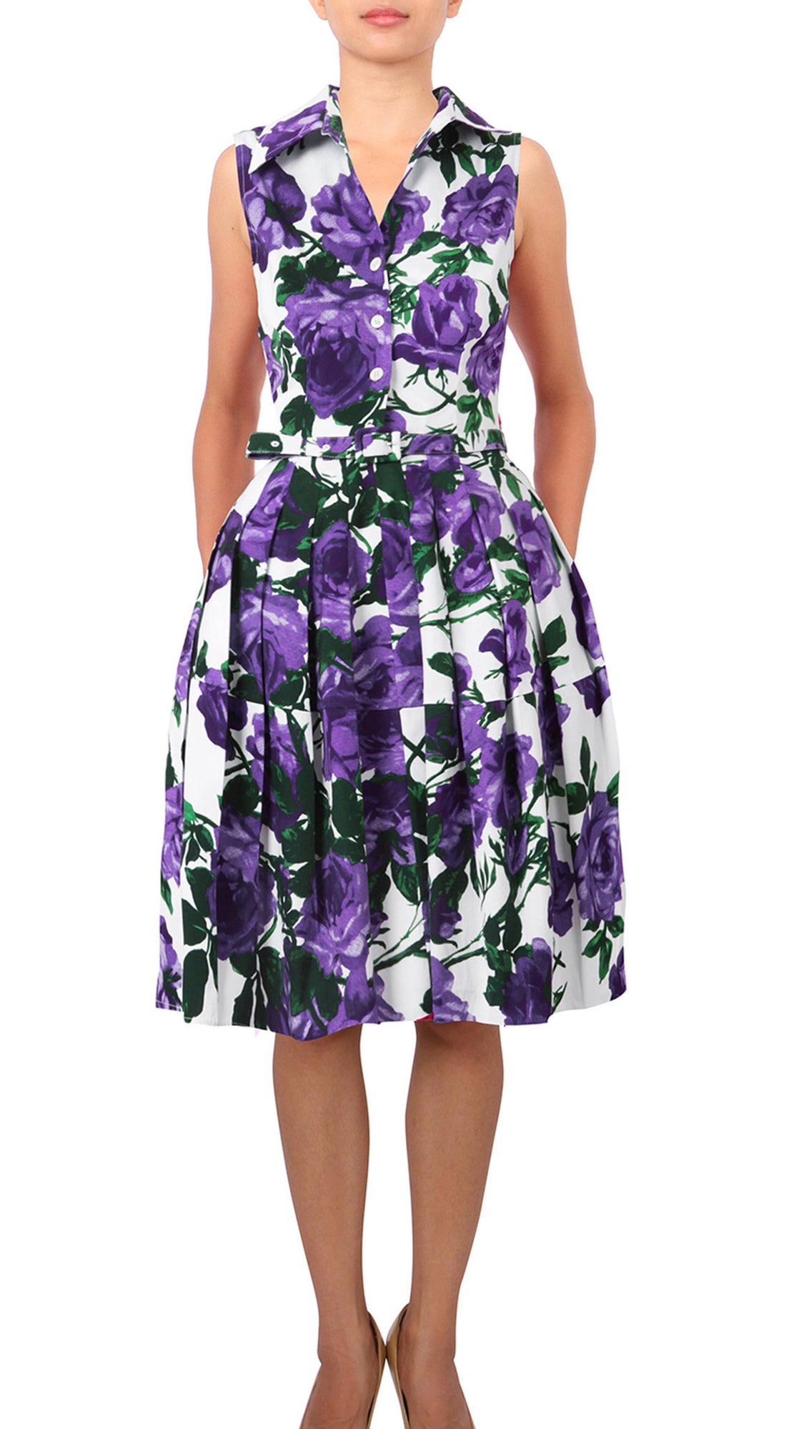 Sleeveless | Valentine Rose Bright | White Lilac | Front | Shirt Dress By Samantha Sung