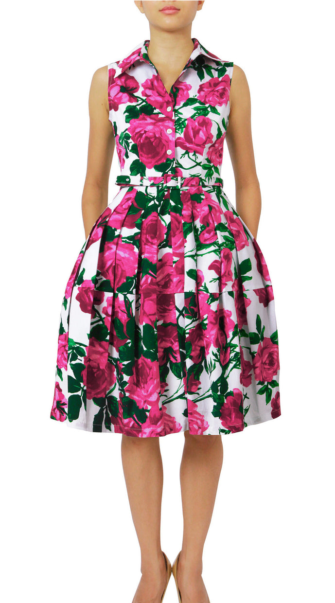 Sleeveless | Valentine Rose Bright | White Pink | Front | Shirt Dress By Samantha Sung