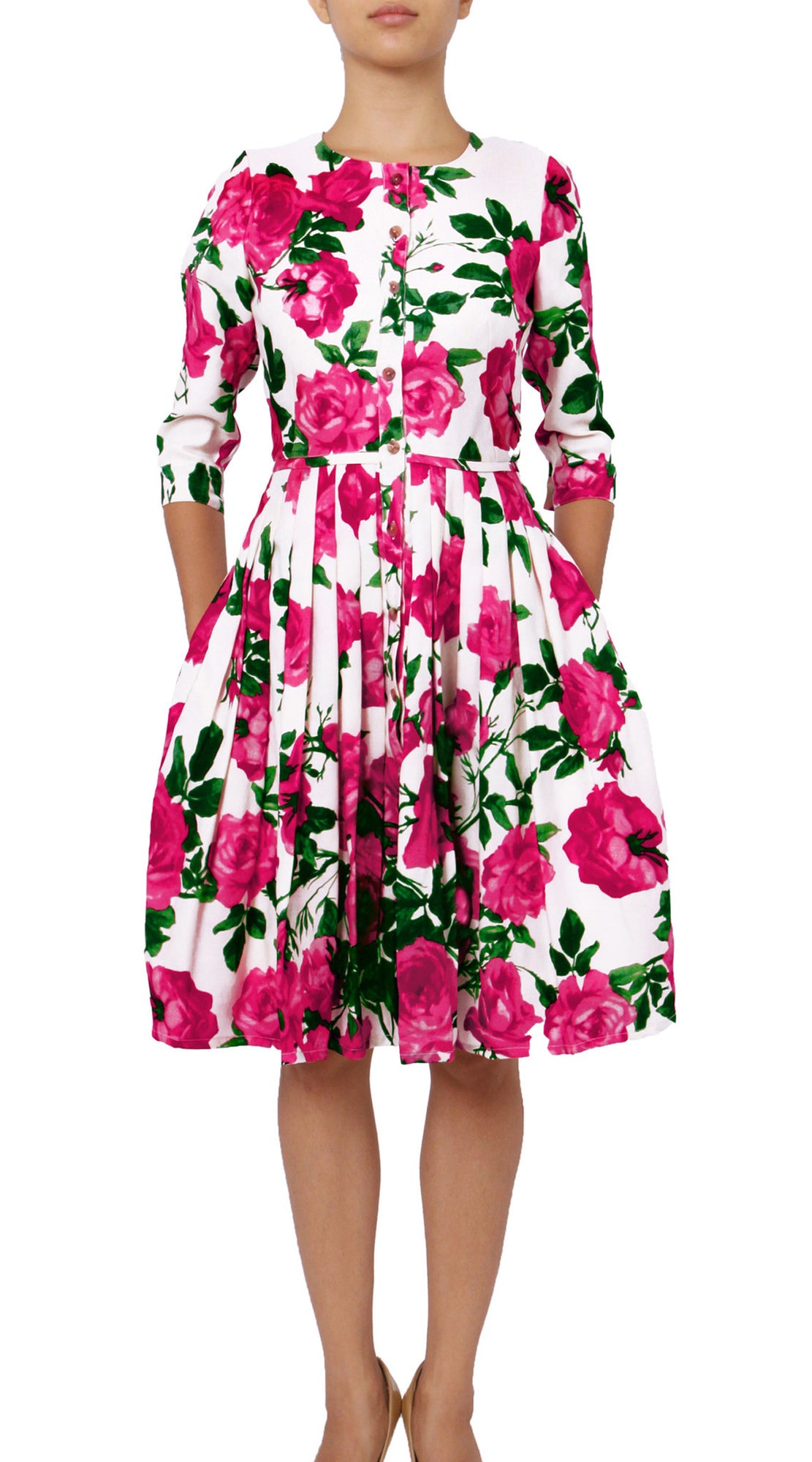 3/4 Sleeve | Valentine Rose Bright | White Rose | Front | Dress By Samantha Sung