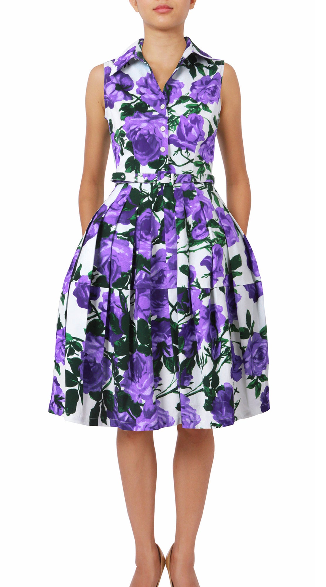 Sleeveless | Valentine Rose Pastel | White Soft Lilac | Front | Shirt Dress By Samantha Sung