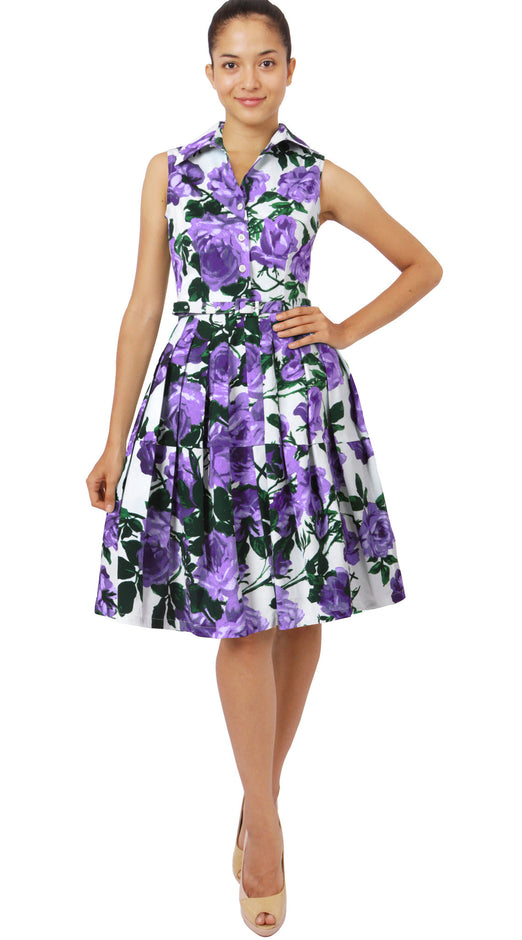 Sleeveless | Valentine Rose Pastel | White Soft Lilac | Front-1 | Shirt Dress By Samantha Sung