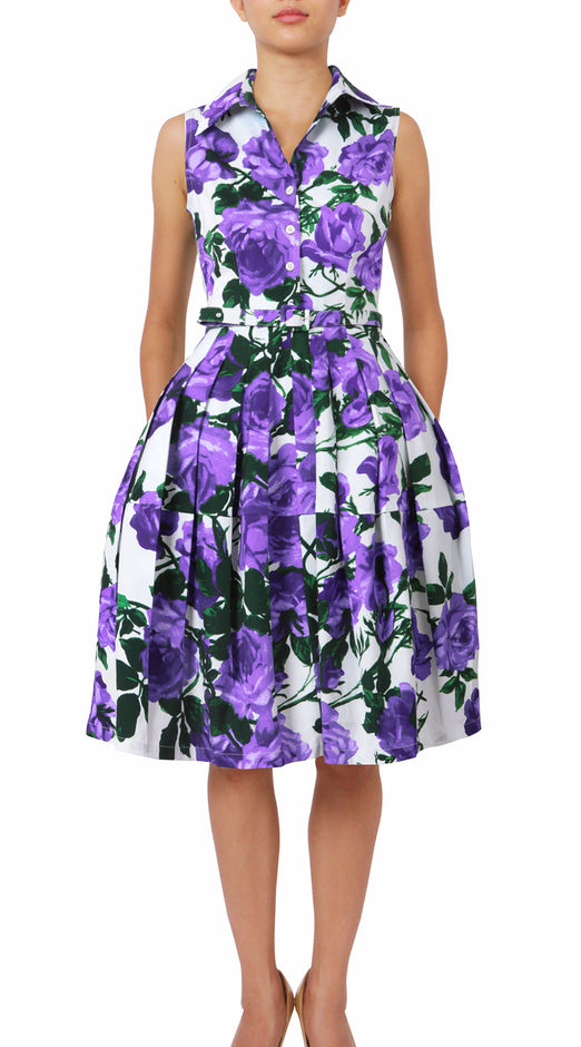 Sleeveless | Valentine Rose Pastel | White Soft Lilac | Front-1 | Shirt Dress By Samantha Sung