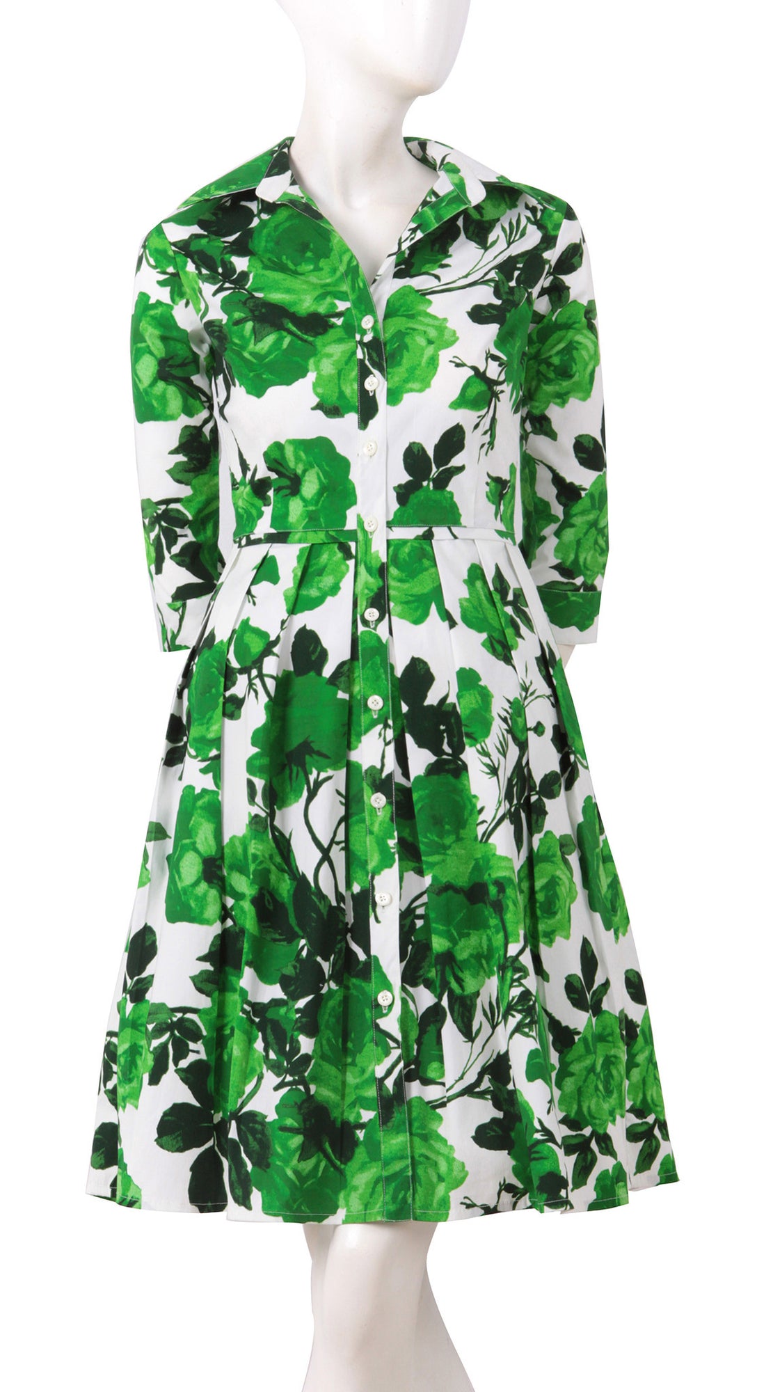 3/4 Sleeve | Valentine Rose Pastel | White Soft Green | Front | Shirt Dress By Samantha Sung