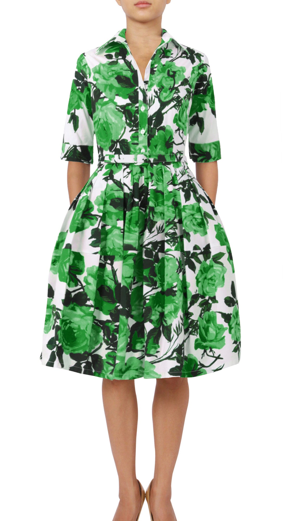 1/2 Sleeve | Valentine Rose Pastel | White Soft Green | Front | Shirt Dress By Samantha Sung
