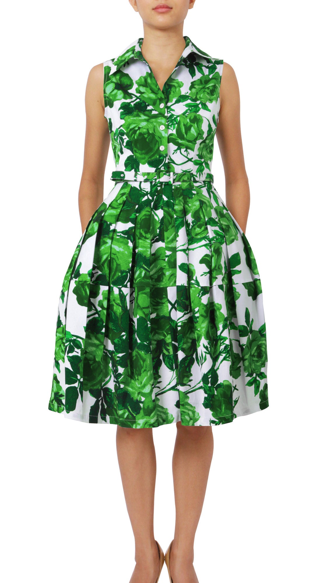 Sleeveless | Valentine Rose Pastel | White Soft Green | Front | Shirt Dress By Samantha Sung