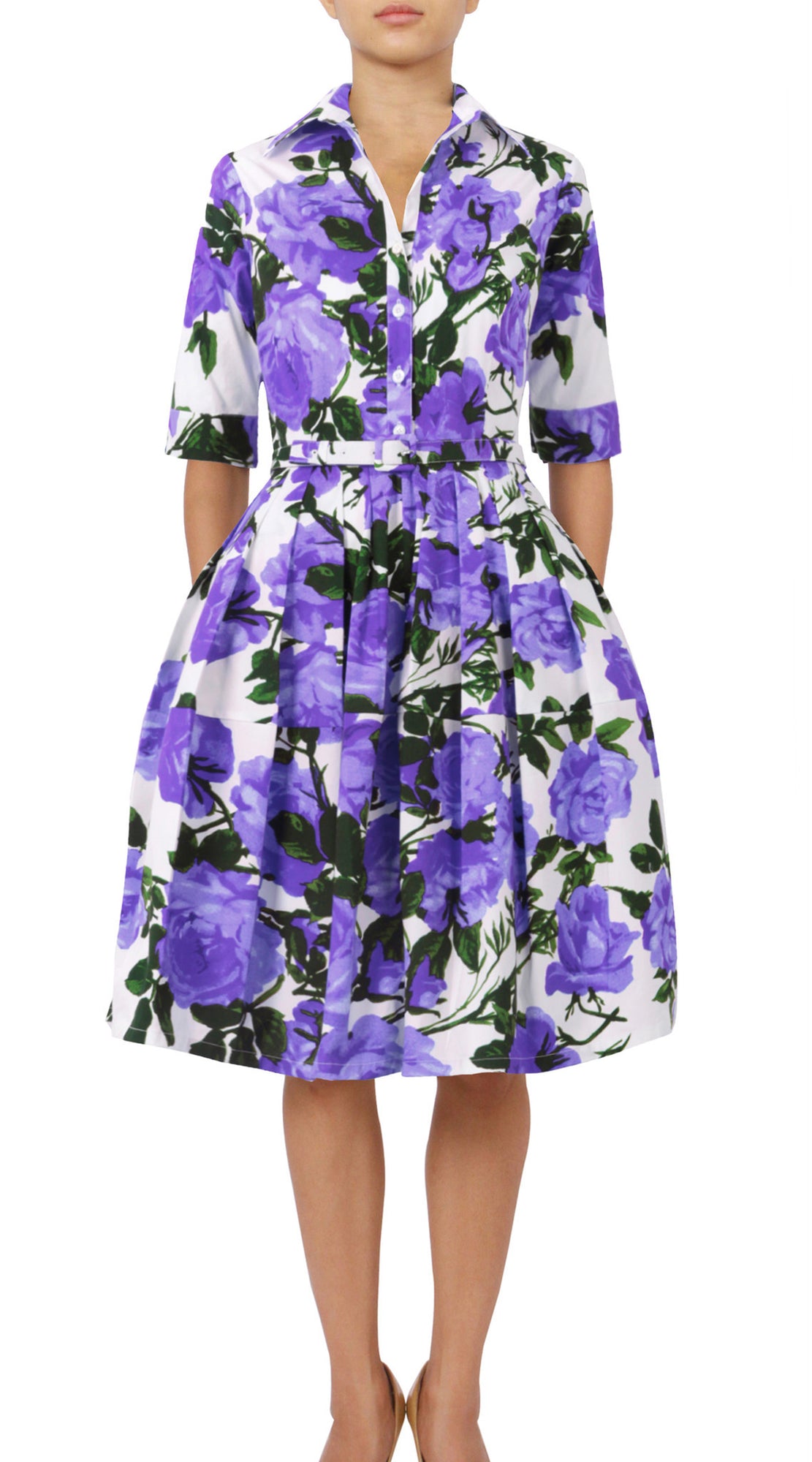 1/2 Sleeve | Valentine Rose Pastel | White Soft Lilac | Front | Shirt Dress By Samantha Sung