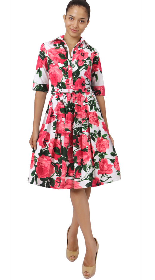1/2 Sleeve | Valentine Rose Pastel | White Soft Rose | Front-1 | Shirt Dress By Samantha Sung
