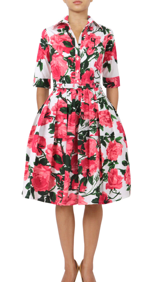 1/2 Sleeve | Valentine Rose Pastel | White Soft Rose | Front-1 | Shirt Dress By Samantha Sung