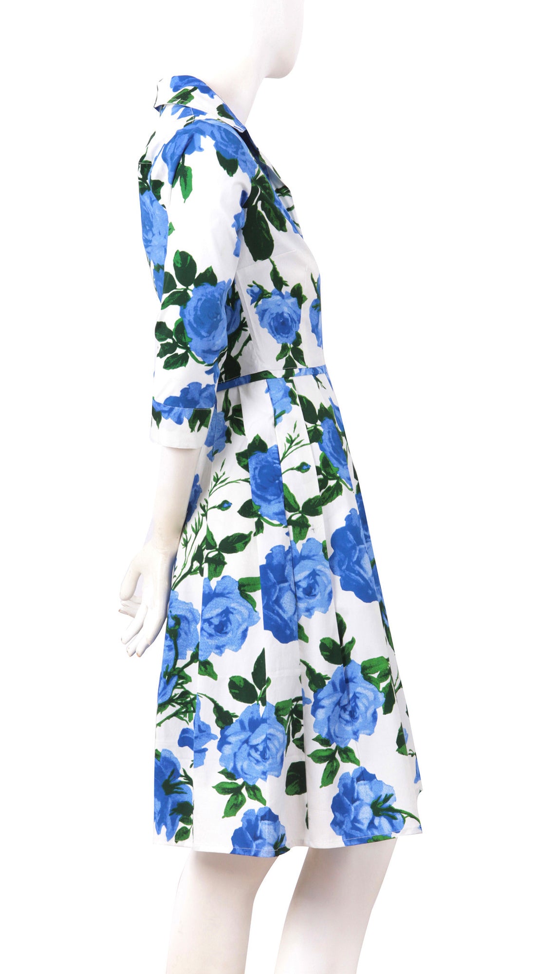3/4 Sleeve | Valentine Rose Pastel | White Soft Sky Blue | Front | Shirt Dress By Samantha Sung