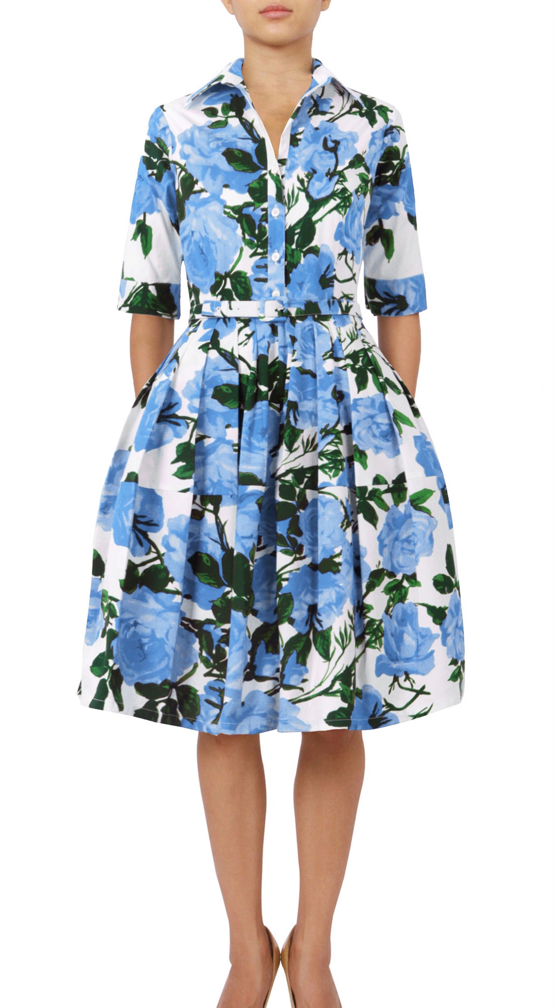 1/2 Sleeve | Valentine Rose Pastel | White Soft Sky Blue | Front | Shirt Dress By Samantha Sung