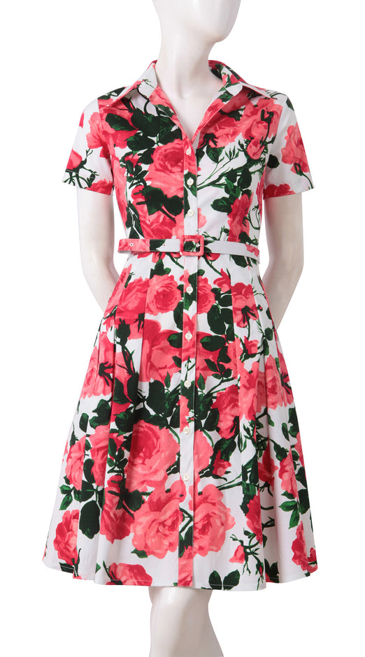Short Sleeve | Valentine Rose Pastel | White Soft Rose | Front | Shirt Dress By Samantha Sung