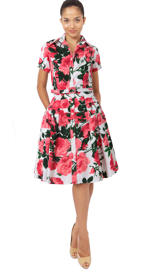 Short Sleeve | Valentine Rose Pastel | White Soft Rose | Front | Shirt Dress By Samantha Sung