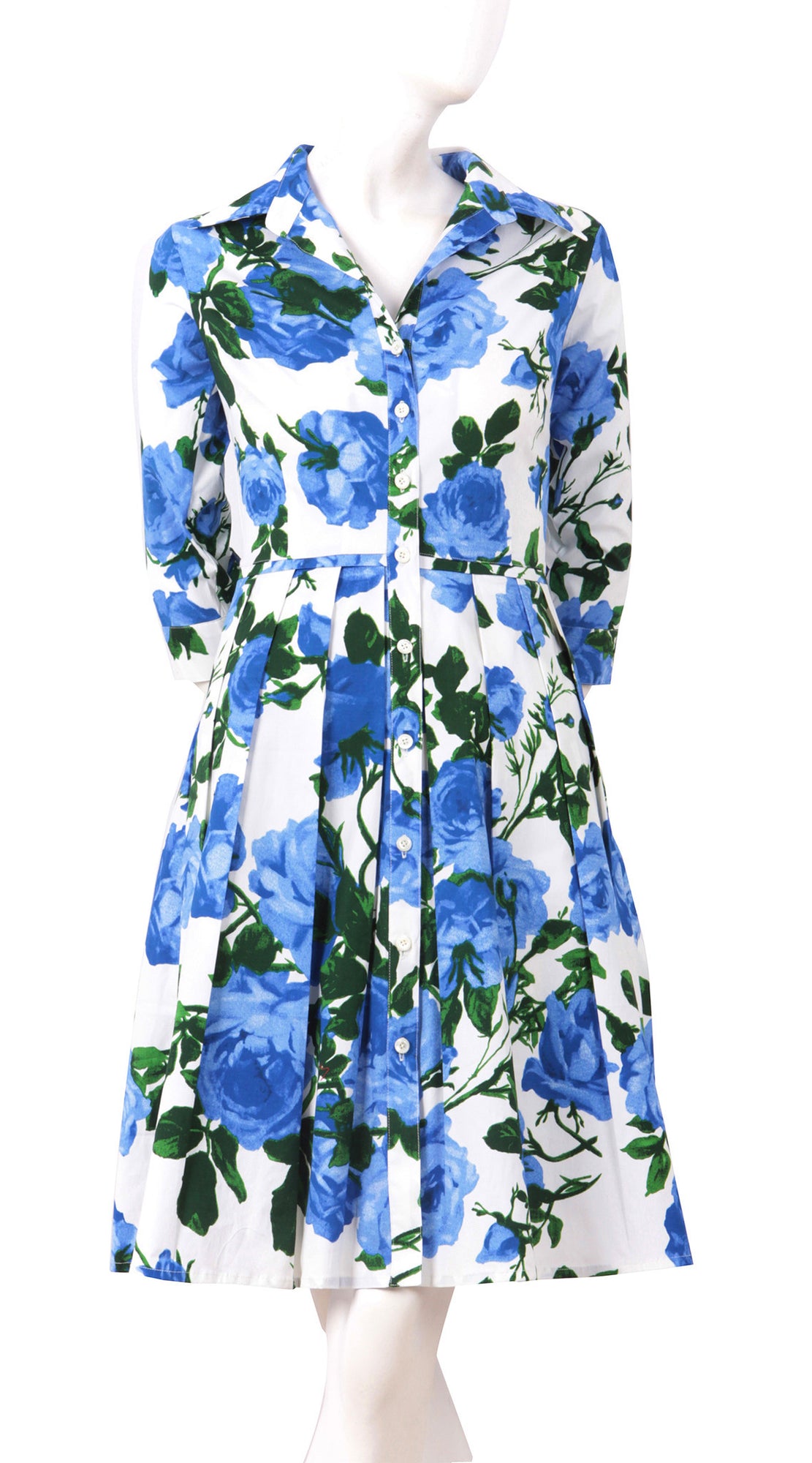 3/4 Sleeve | Valentine Rose Pastel | White Soft Sky Blue | Front | Shirt Dress By Samantha Sung