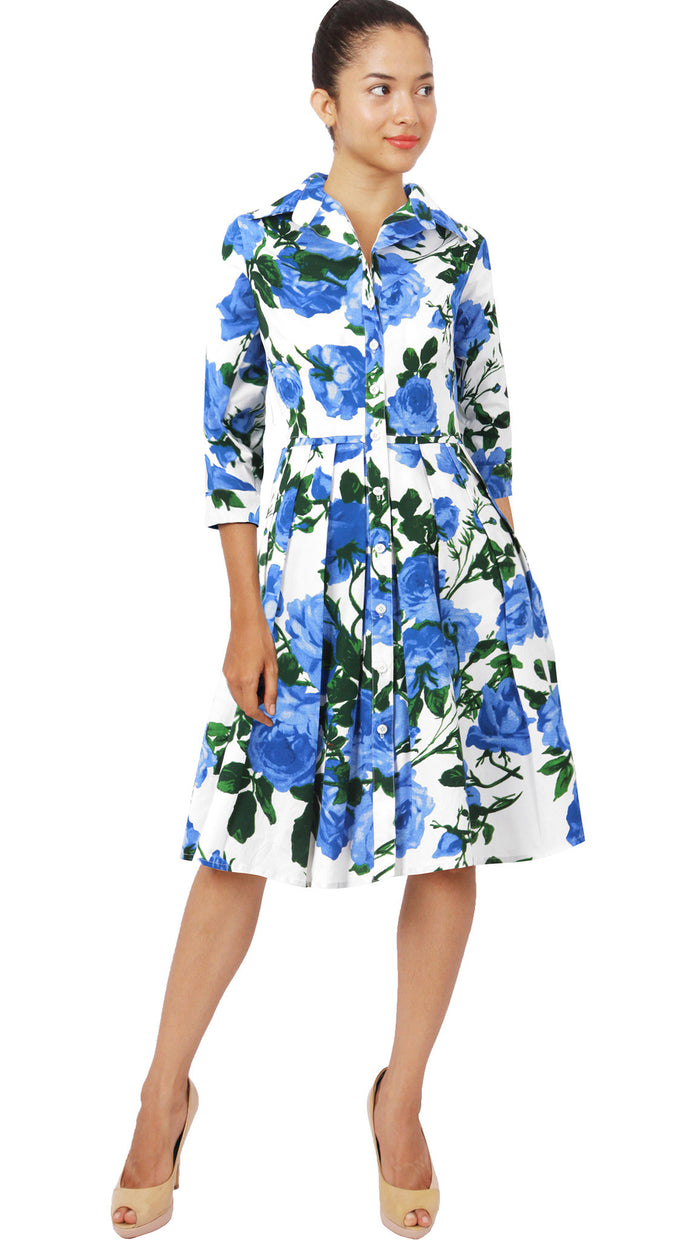 3/4 Sleeve | Valentine Rose Pastel | White Soft Sky Blue | Style | Shirt Dress By Samantha Sung