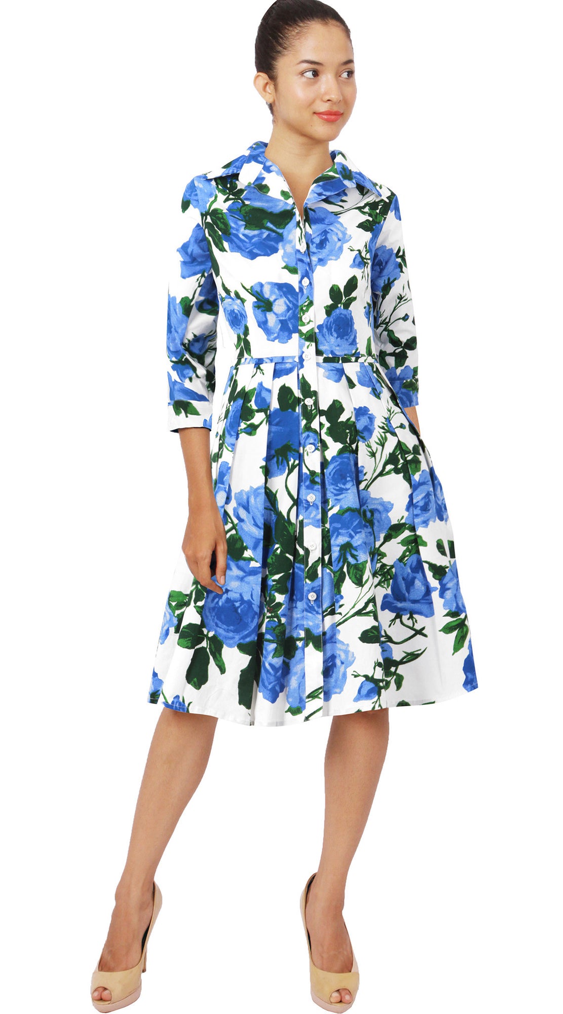 3/4 Sleeve | Valentine Rose Pastel | White Soft Sky Blue | Style | Shirt Dress By Samantha Sung