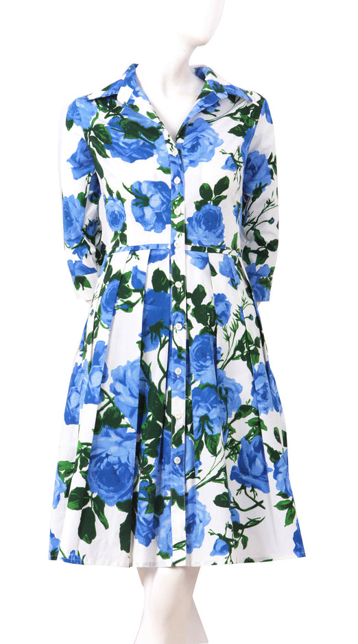 3/4 Sleeve | Valentine Rose Pastel | White Soft Sky Blue | Style | Shirt Dress By Samantha Sung