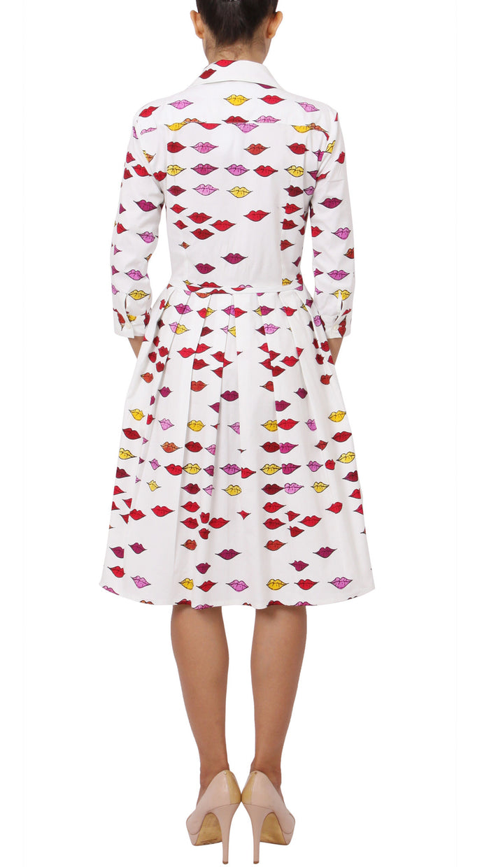 3/4 Sleeve | Warhole Lips | White Indian Red | Back | Shirt Dress By Samantha Sung