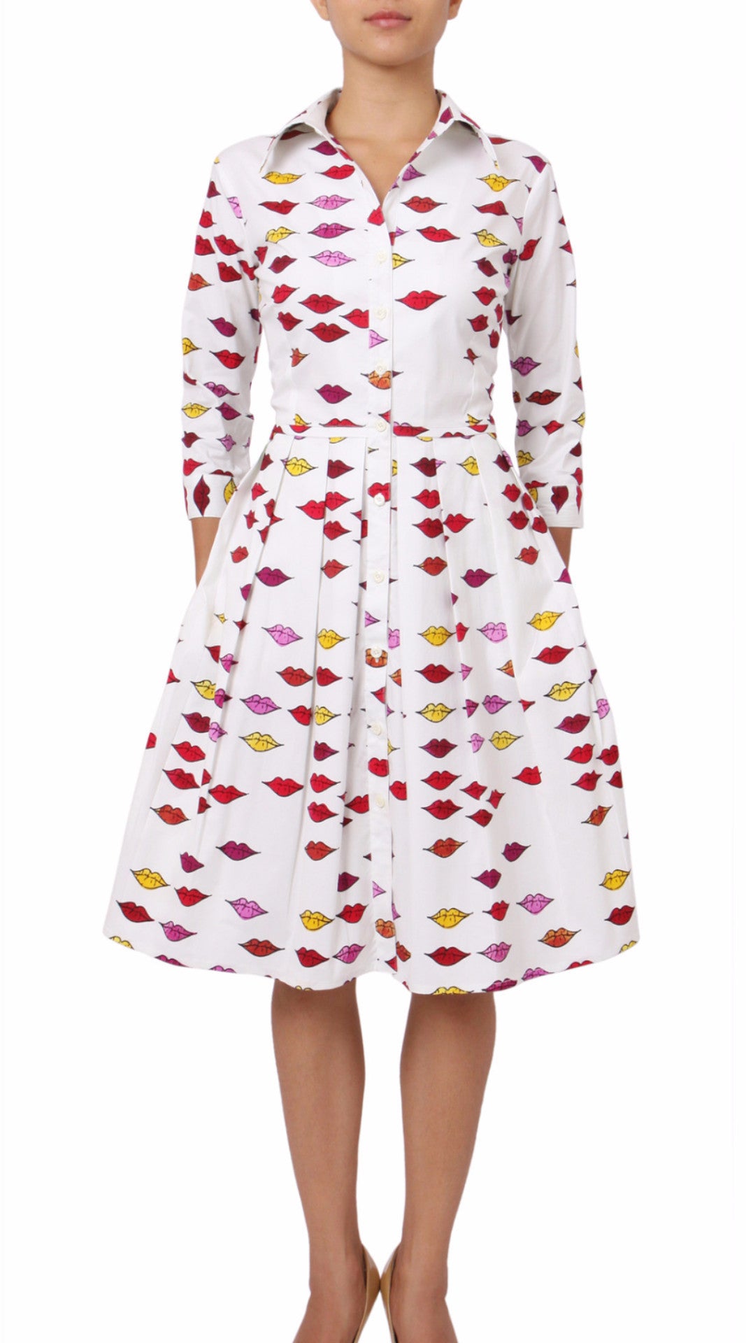 3/4 Sleeve | Warhole Lips | White Indian Red | Front | Shirt Dress By Samantha Sung