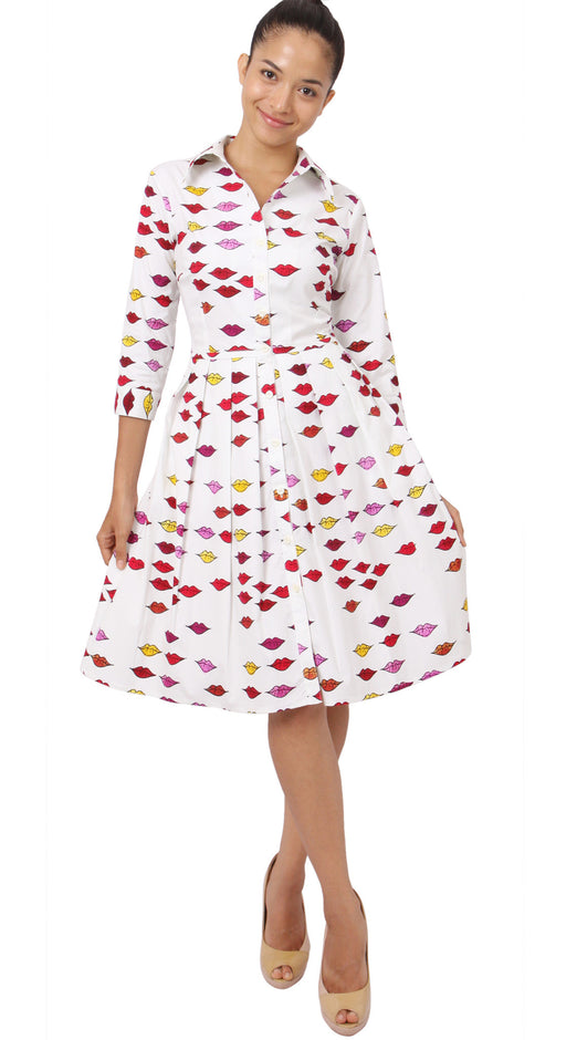 3/4 Sleeve | Warhole Lips | White Indian Red | Front-1 | Shirt Dress By Samantha Sung