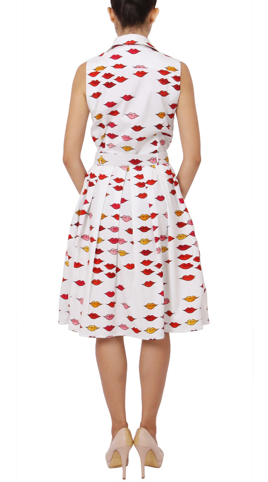 Sleeveless | Warhole Lips | White Indian Red | Back | Shirt Dress By Samantha Sung