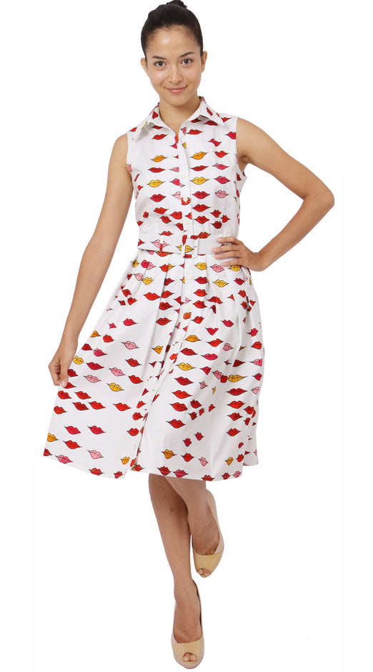 Sleeveless | Warhole Lips | White Indian Red | Front-1 | Shirt Dress By Samantha Sung