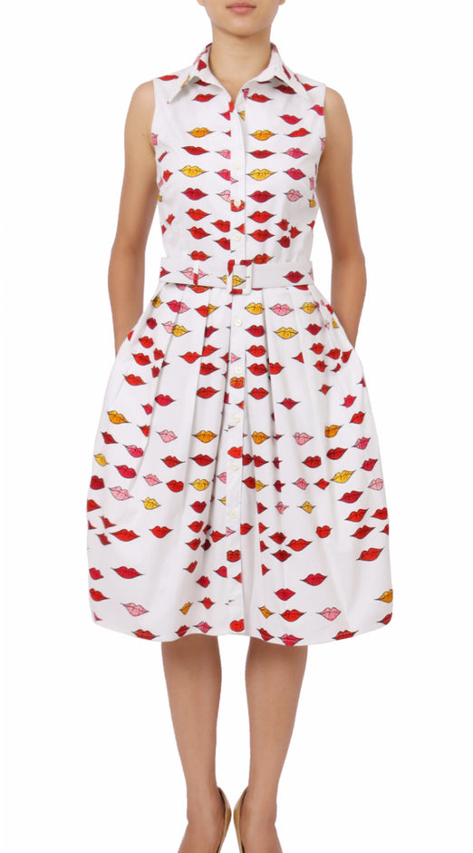 Sleeveless | Warhole Lips | White Indian Red | Front-1 | Shirt Dress By Samantha Sung