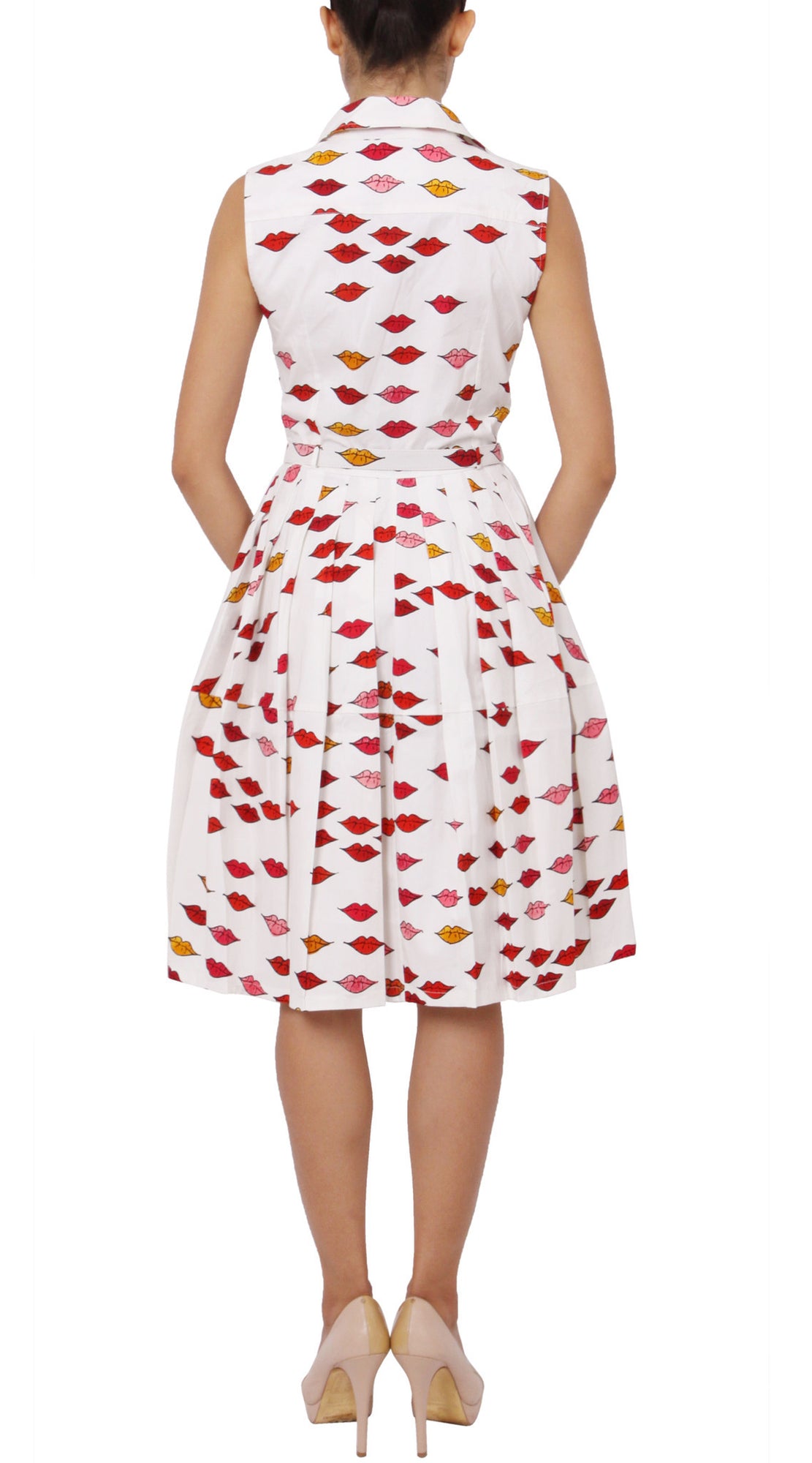 Sleeveless | Warhole Lips | White Indian Red | Back | Shirt Dress By Samantha Sung