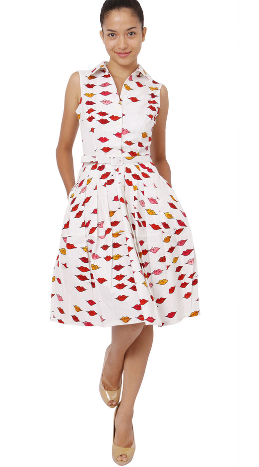Sleeveless | Warhole Lips | White Indian Red | Front-1 | Shirt Dress By Samantha Sung