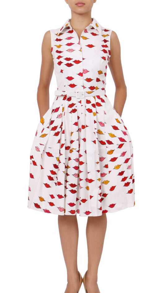 Sleeveless | Warhole Lips | White Indian Red | Front-1 | Shirt Dress By Samantha Sung